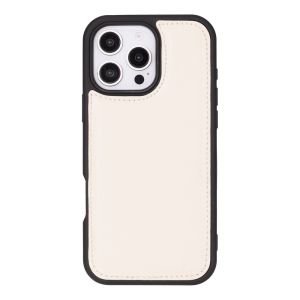Apple iPhone 16 Pro uyumlu, Hakiki Deri, El Yapımı, Cüzdanlı Kılıf, Krem Renk