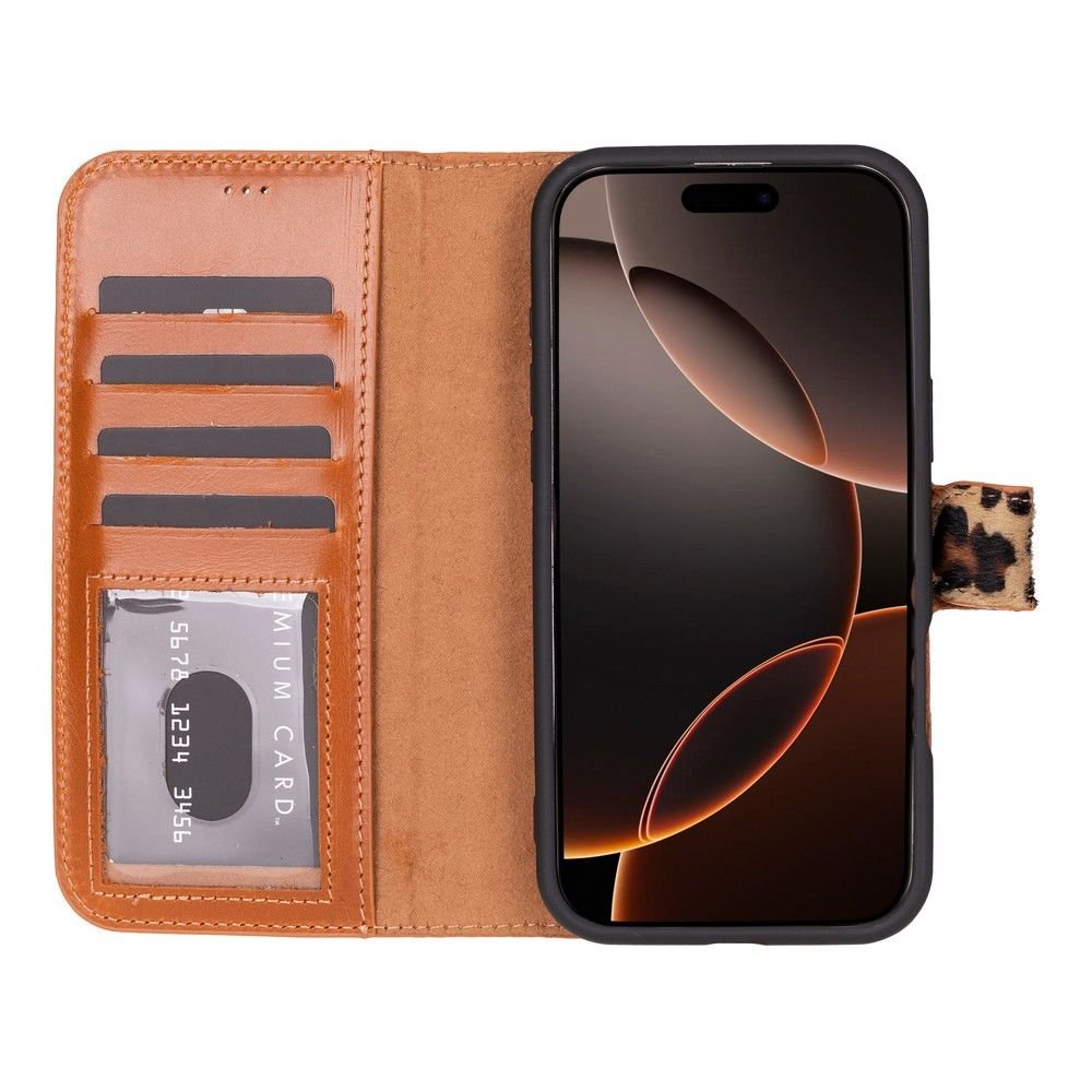 Apple iPhone 16 Pro uyumlu, Hakiki Deri, El Yapımı, Cüzdanlı Kılıf, Leopar