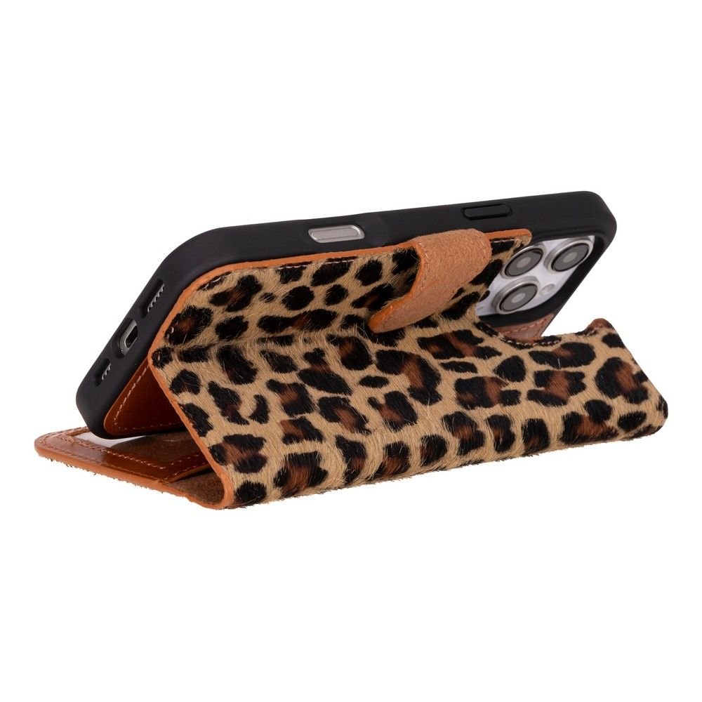 Apple iPhone 16 Pro uyumlu, Hakiki Deri, El Yapımı, Cüzdanlı Kılıf, Leopar