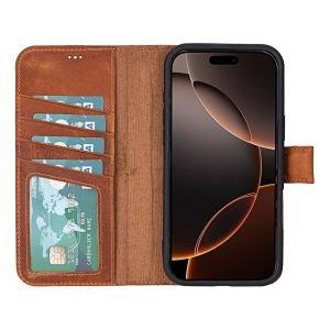 Apple iPhone 16 Pro Max uyumlu, Hakiki Deri, El Yapımı, Cüzdanlı Kılıf, Karamel