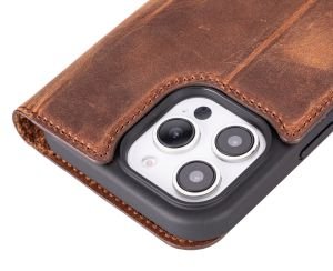 Apple iPhone 16 Pro Max uyumlu, Hakiki Deri, El Yapımı, Cüzdanlı Kılıf, Antik Kahve