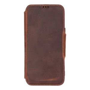 Apple iPhone 16 Pro Max uyumlu, Hakiki Deri, El Yapımı, Cüzdanlı Kılıf, Antik Kahve
