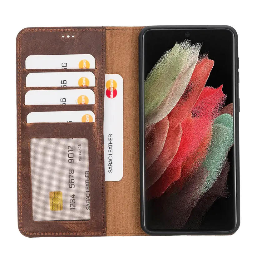 Galaxy S21 Plus Uyumlu Manyetik Hakiki Deri Cüzdan Kılıf ,Cüzdan Taşımaya Son, Kredi Kart Yuvalı