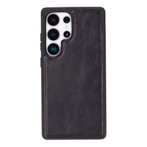 Samsung Galaxy S25 Ultra uyumlu, Hakiki Deri, El Yapımı, Cüzdanlı Kılıf, Parlak Siyah