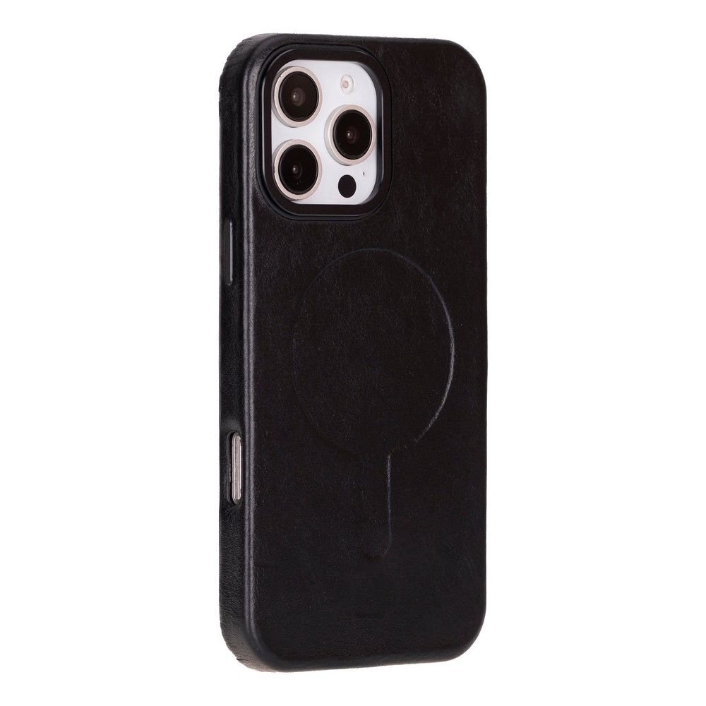 Apple iPhone 16 Pro Max uyumlu, Hakiki Deri, El Yapımı Kılıf, Parlak Siyah