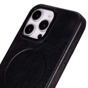 Apple iPhone 16 Pro Max uyumlu, Hakiki Deri, El Yapımı Kılıf, Parlak Siyah