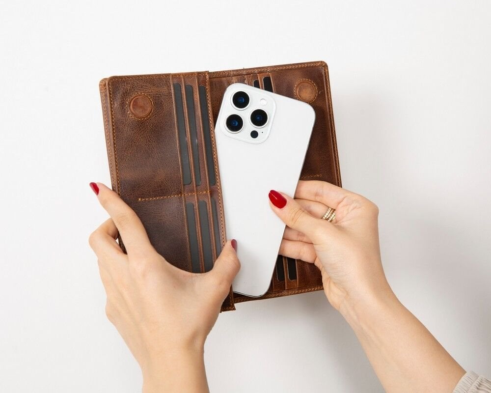 Aura Hakiki Deri, El Yapımı, Telefon Bölmeli, Kadın Cüzdanı, Antik Kahve