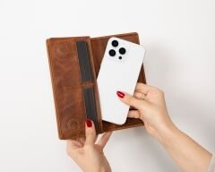 Aura Hakiki Deri, El Yapımı, Telefon Bölmeli, Kadın Cüzdanı, Açık Kahve