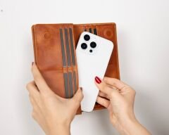 Aura Hakiki Deri, El Yapımı, Telefon Bölmeli, Kadın Cüzdanı, Karamel
