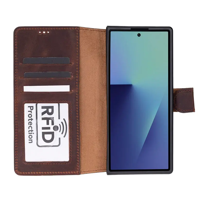 Samsung Galaxy Z Fold7 Uyumlu Manyetik Hakiki Deri Cüzdan Kılıf ,Cüzdan Taşımaya Son, Kredi Kart Yuvalı, RFID Güvenlik
