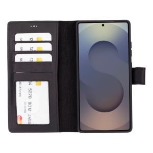 Samsung Galaxy S25 Ultra uyumlu, Hakiki Deri, El Yapımı, Cüzdanlı Kılıf, Mat Siyah
