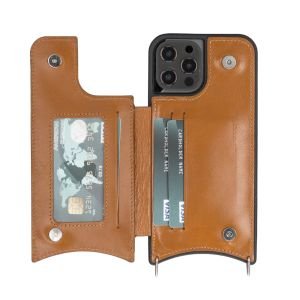 Apple iPhone 12 Pro Max Uyumlu Deri Askılı Kılıf UFW RST2EF Taba