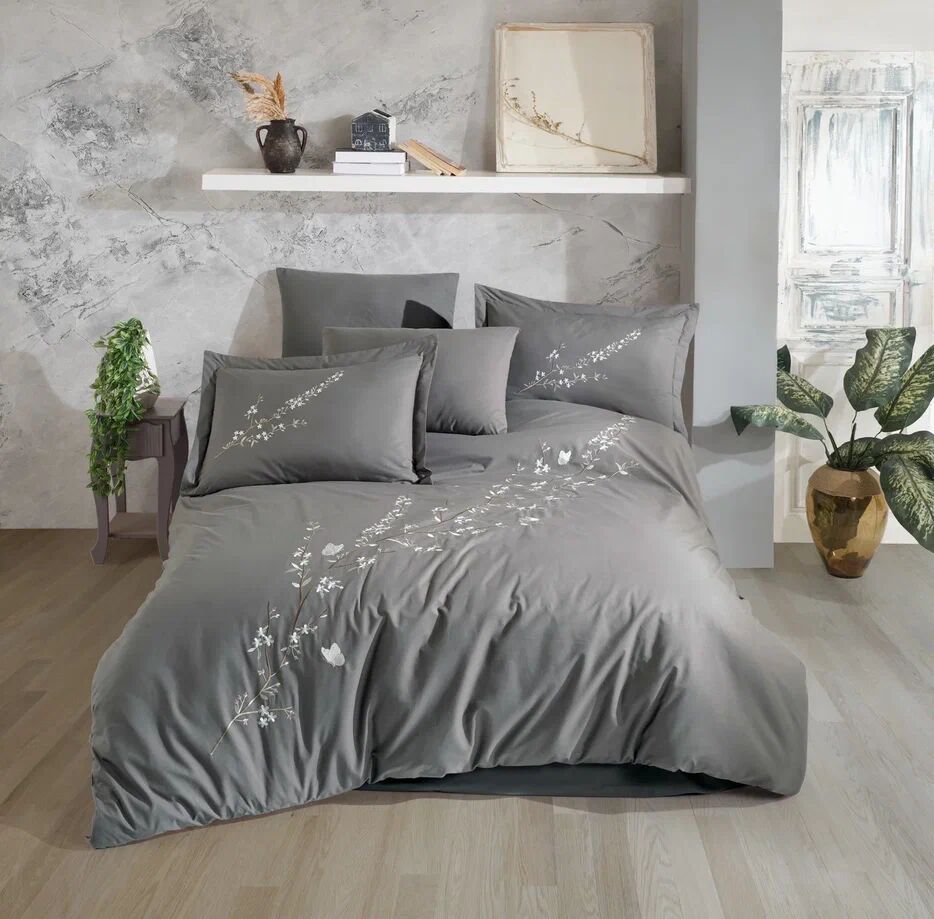 Hobby Çift Kişilik Poplin Premium Nakışlı Nevresim Vera Gri