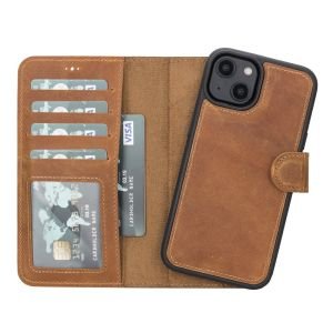 Apple iPhone 14 Uyumlu Deri Cüzdanlı Kılıf MWWN G19 Taba