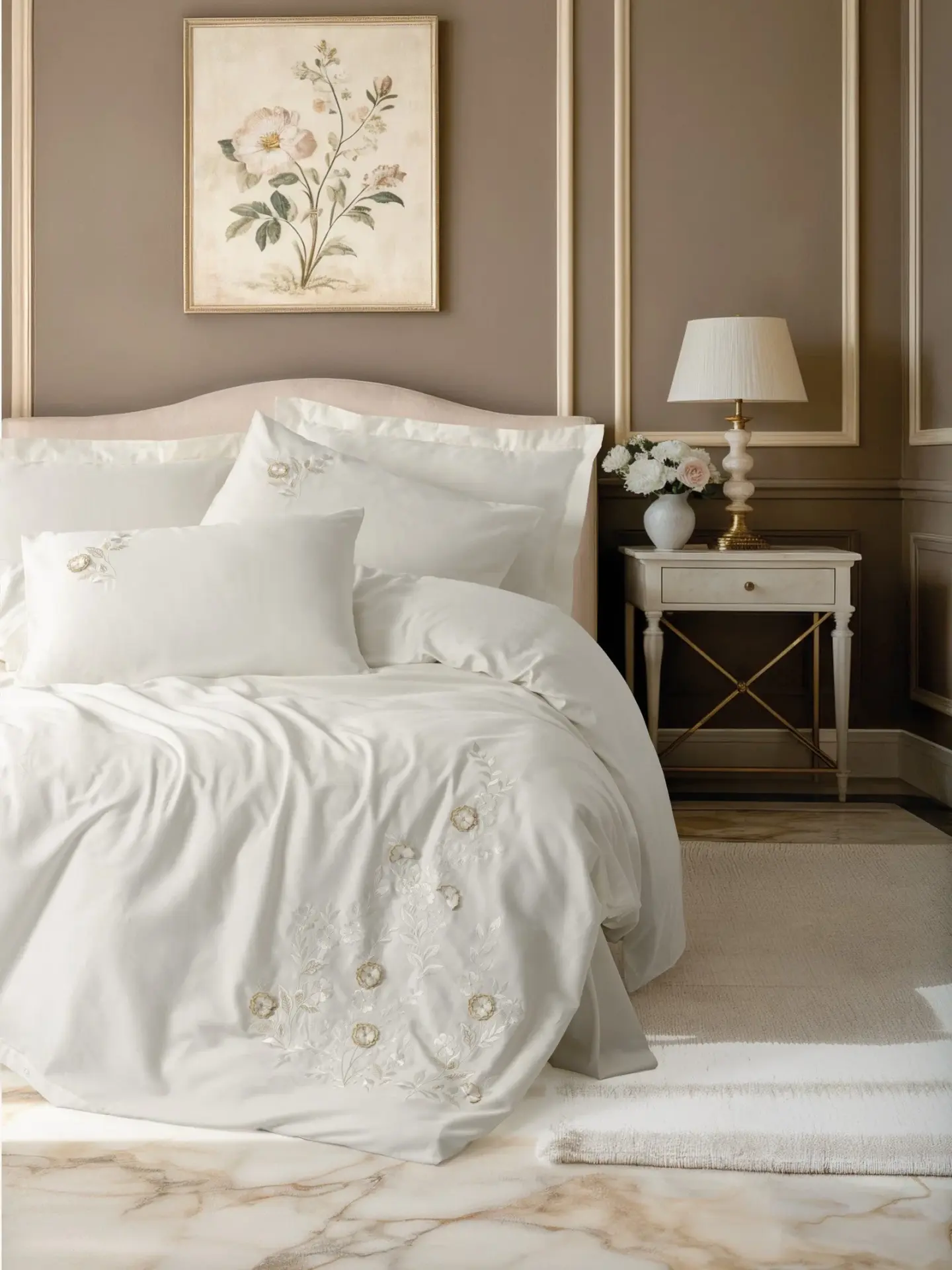 Cotton Box 3D Nakışlı Çift Kişilik Saten Nevresim Takımı Gilded Ekru