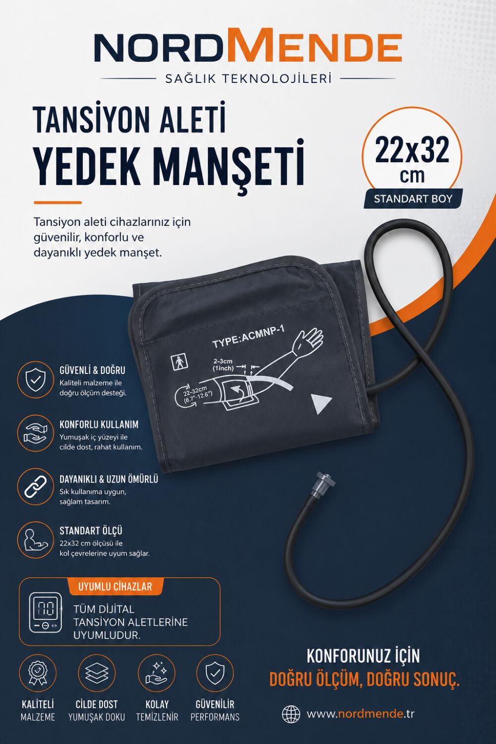 NORDMENDE Dijital Tansiyon Aleti Manşeti 22-32 cm Evrensel Yedek Kol Manşeti Tüm Dijital Tansiyon Aletleri ile Uyumlu "Dijital Tansiyon Aleti Manşeti 22-32 cm Evrensel Yedek"