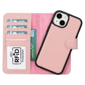 Apple iPhone 15 Uyumlu Deri Cüzdanlı Kılıf MWWN NU2 Pembe