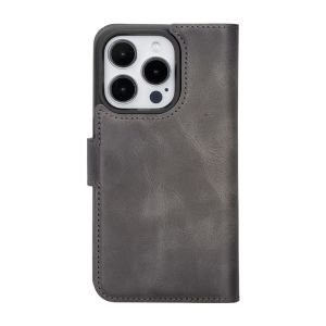 Apple iPhone 15 Pro Uyumlu Deri Cüzdanlı Kılıf MWWN VS4EF Gri