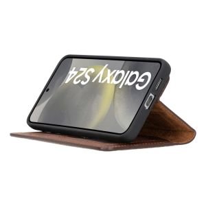 Samsung Galaxy S24 Plus Uyumlu, Deri Cüzdanlı Kılıf, Antik Kahve