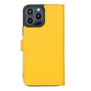 Apple iPhone 13 Pro Max Uyumlu Deri Cüzdanlı Kılıf Limon Sarı