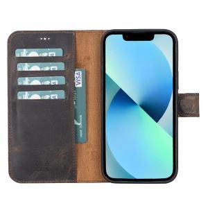 Apple iPhone 13 Pro Max Uyumlu Deri Cüzdanlı Kılıf Acı Kahve