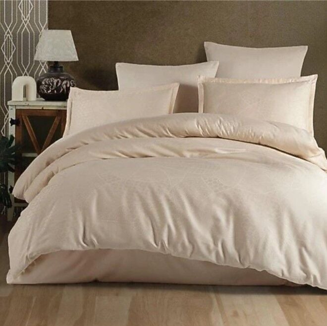 Clasy Exclusive Jakarlı Çift Kişilik Pamuk Saten Nevresim Takımı Mandarin V1 Bej