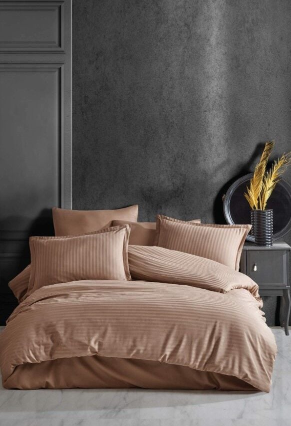 Clasy Çizgili Tek Kişilik Saten Nevresim Takımı Tarçın