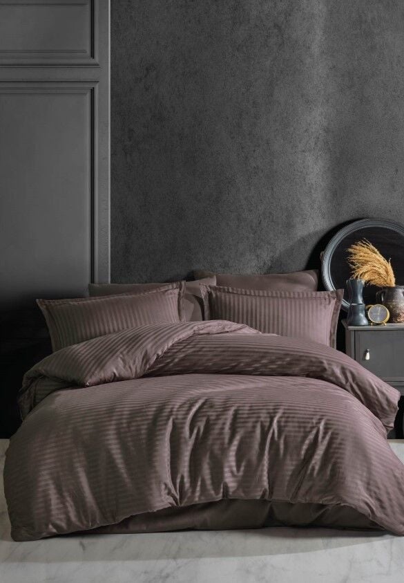 Clasy Çizgili Tek Kişilik Saten Nevresim Takımı Koyu Kahve