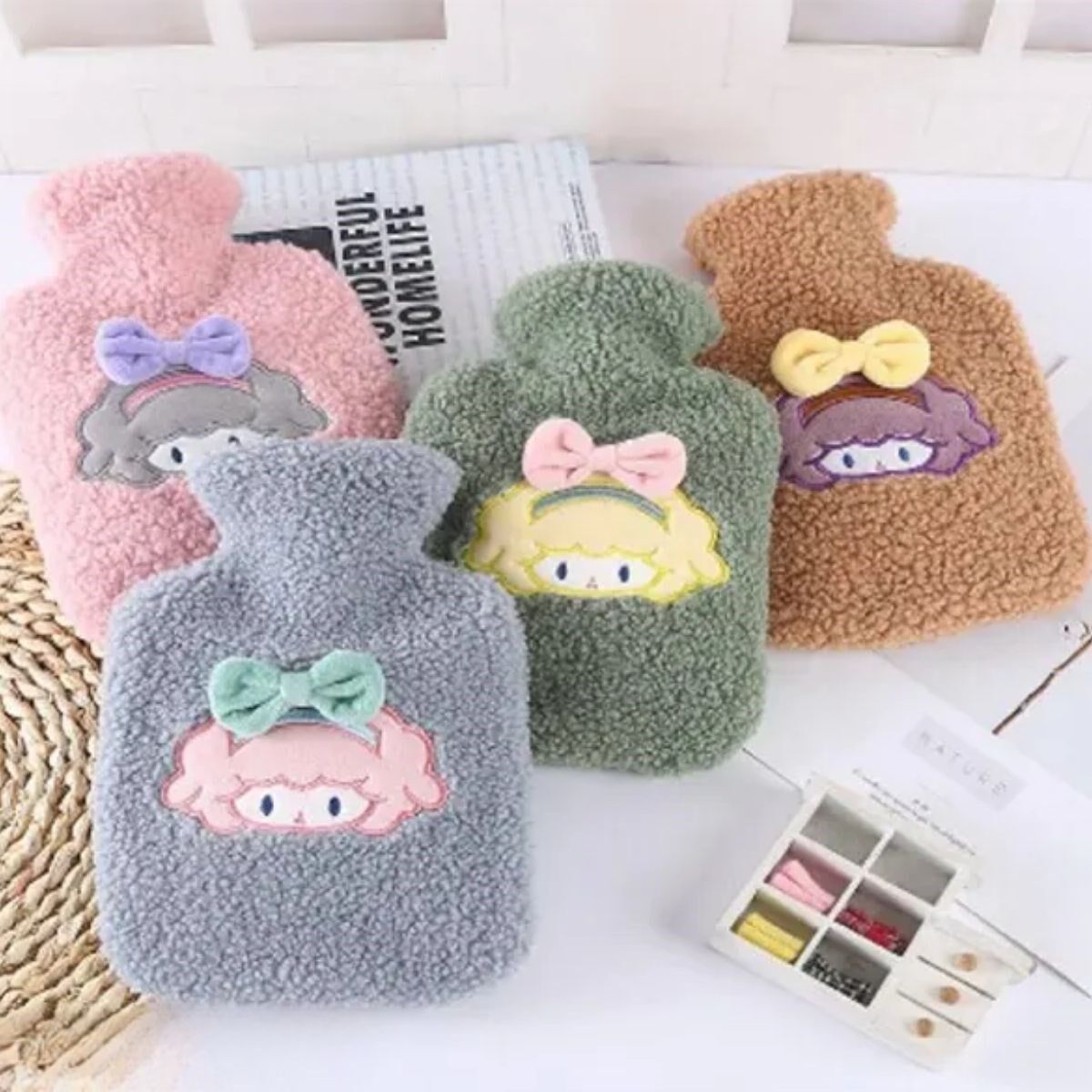 Yumurcak Shop®  1 Litre Polar Peluş Örgülü,Kurdeleli Saçlı Kız Model Sıcak Su Torbası