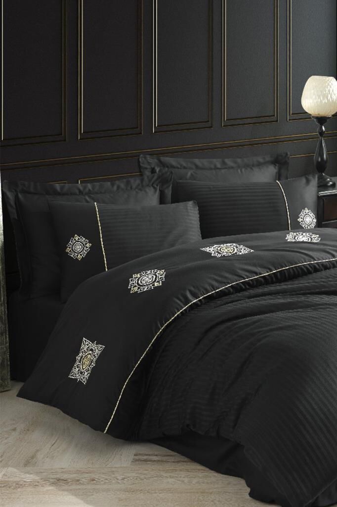 Hobby Elegant Nakışlı Pamuk Saten Çift Kişilik Nevresim Takımı Zeugma Siyah