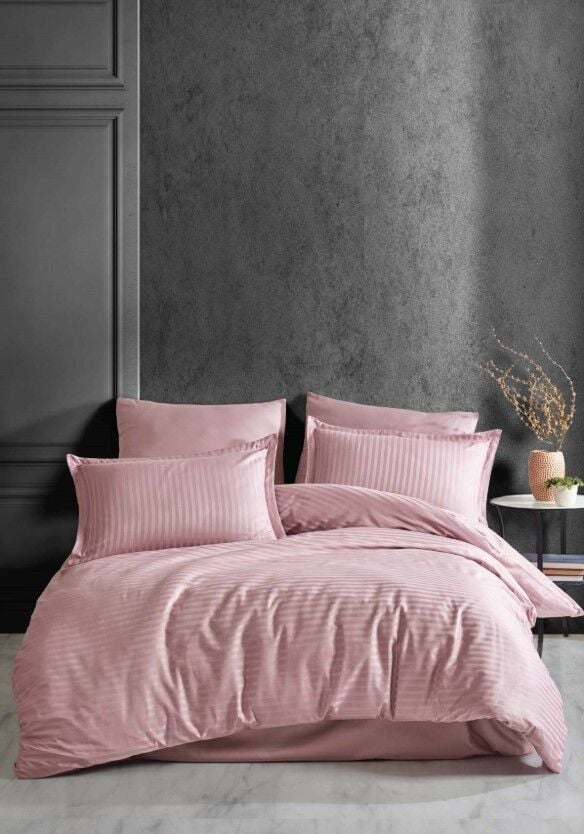 Clasy Çizgili Tek Kişilik Saten Nevresim Takımı Pudra