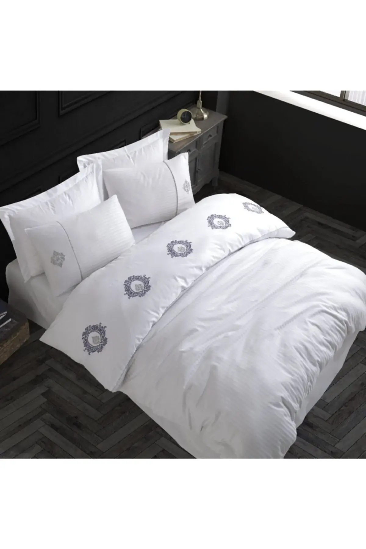 Hobby Elegant Nakışlı Pamuk Saten Çift Kişilik Nevresim Takımı Olimpos Beyaz