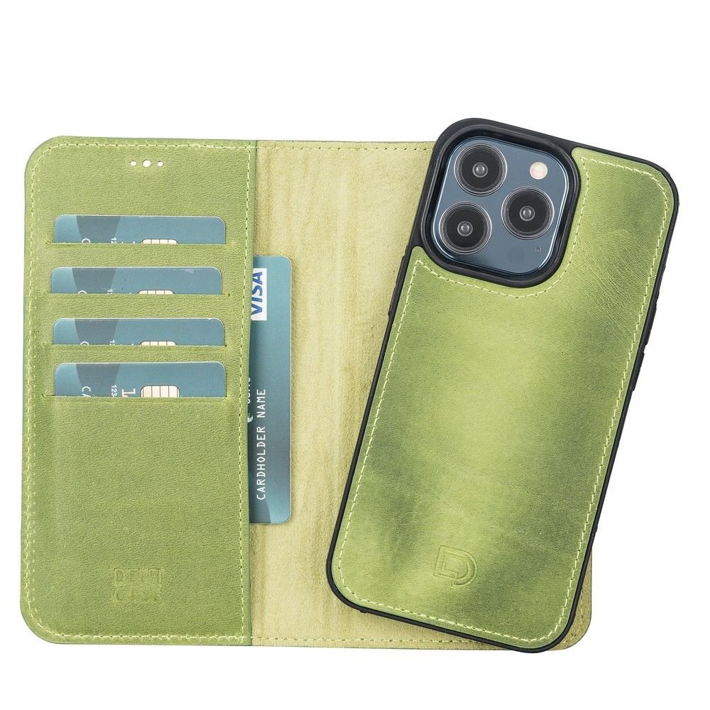 Apple iPhone 13 Pro Uyumlu Deri Cüzdanlı Kılıf Antik yeşil